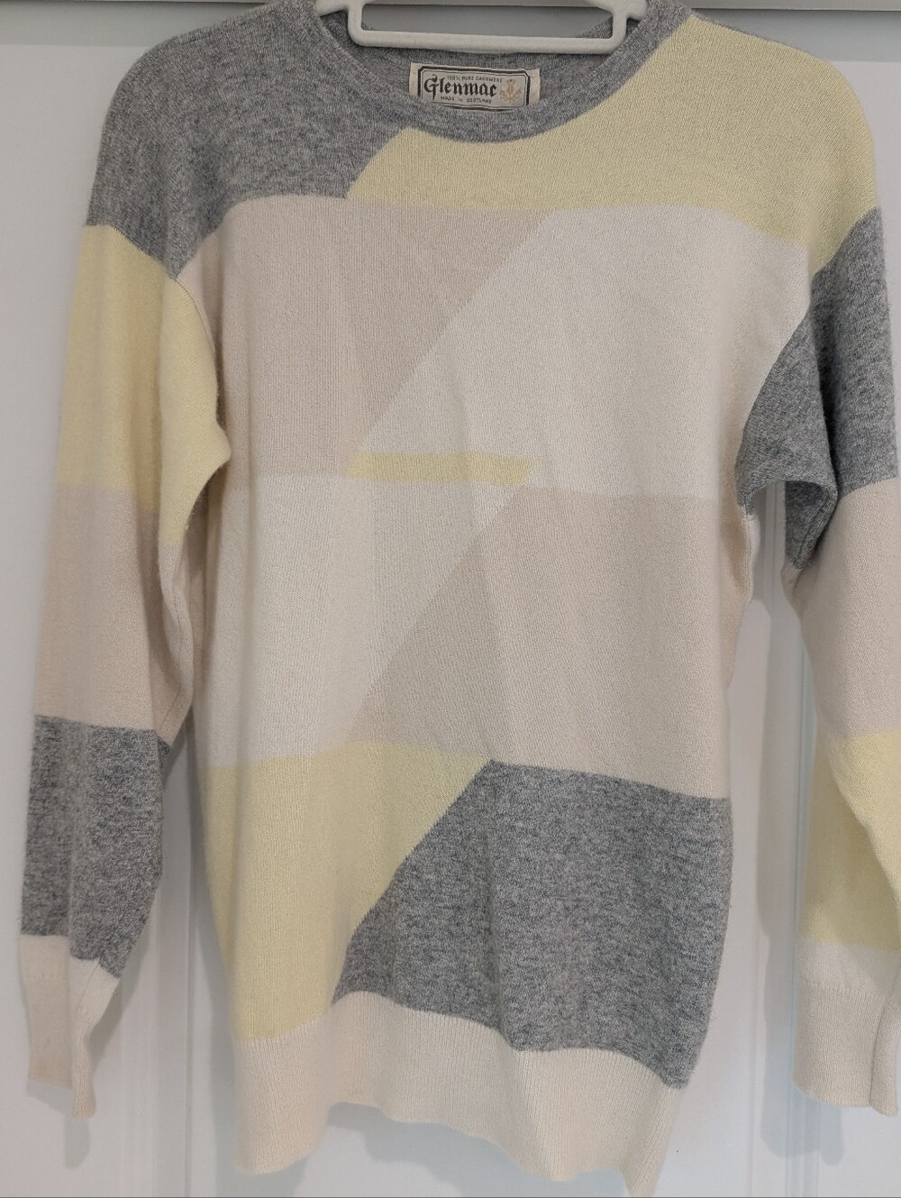 Glenmac 100% Pure Cashmere Pastel Geometric Crewneck Sweater Gray White Yellow